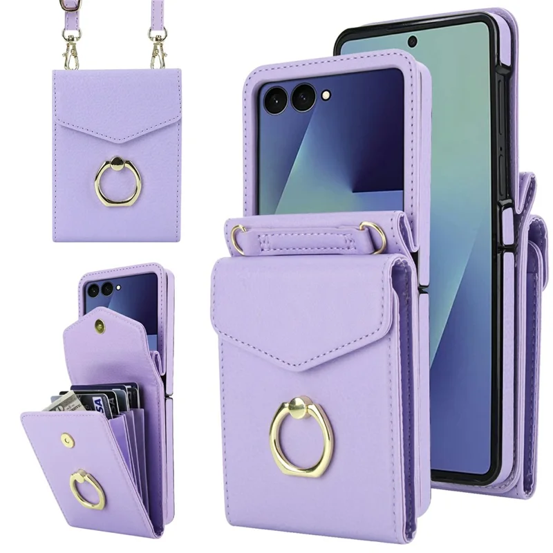 Cover per Samsung Galaxy Z Flip7 5G con Texture Effetto Pelle di Litchi + Cover Telefonica TPU con Cinturino a Tracolla - Viola Chiaro