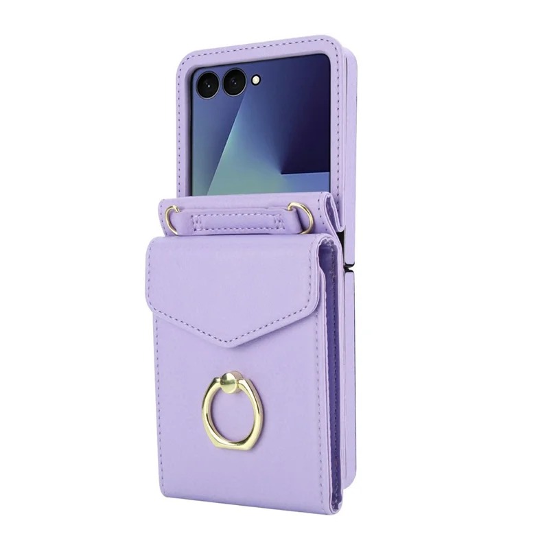 Cover per Samsung Galaxy Z Flip7 5G con Texture Effetto Pelle di Litchi + Cover Telefonica TPU con Cinturino a Tracolla - Viola Chiaro
