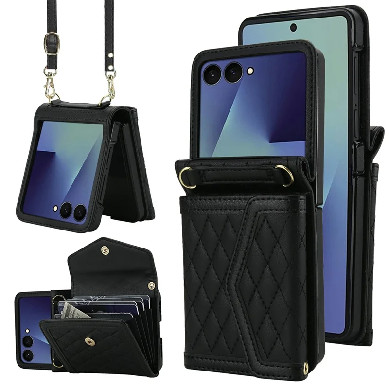 For Samsung Galaxy Z Flip7 5G Case Card Holders RFID Blocking PU Leather Phone Back Cover with Shoulder Strap - Black