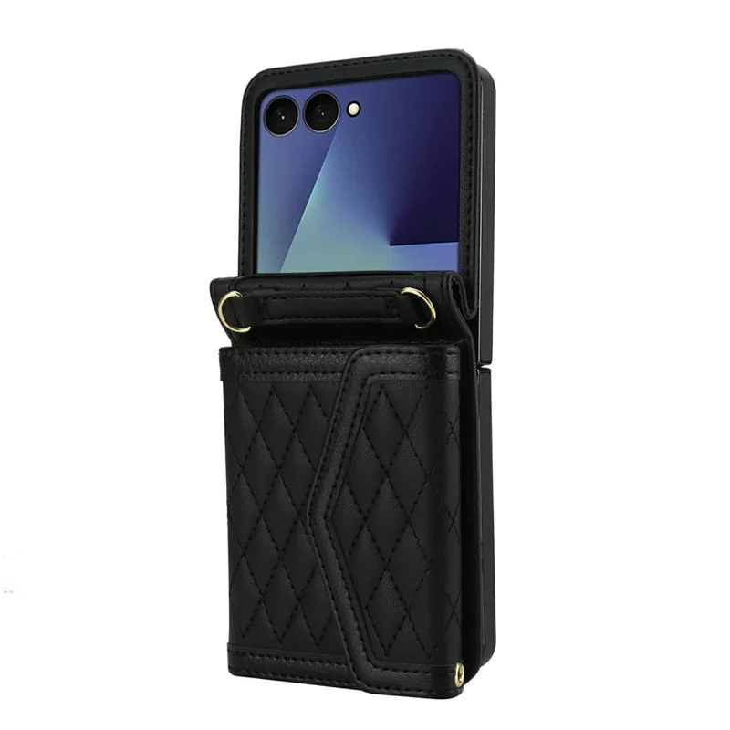 For Samsung Galaxy Z Flip7 5G Case Card Holders RFID Blocking PU Leather Phone Back Cover with Shoulder Strap - Black