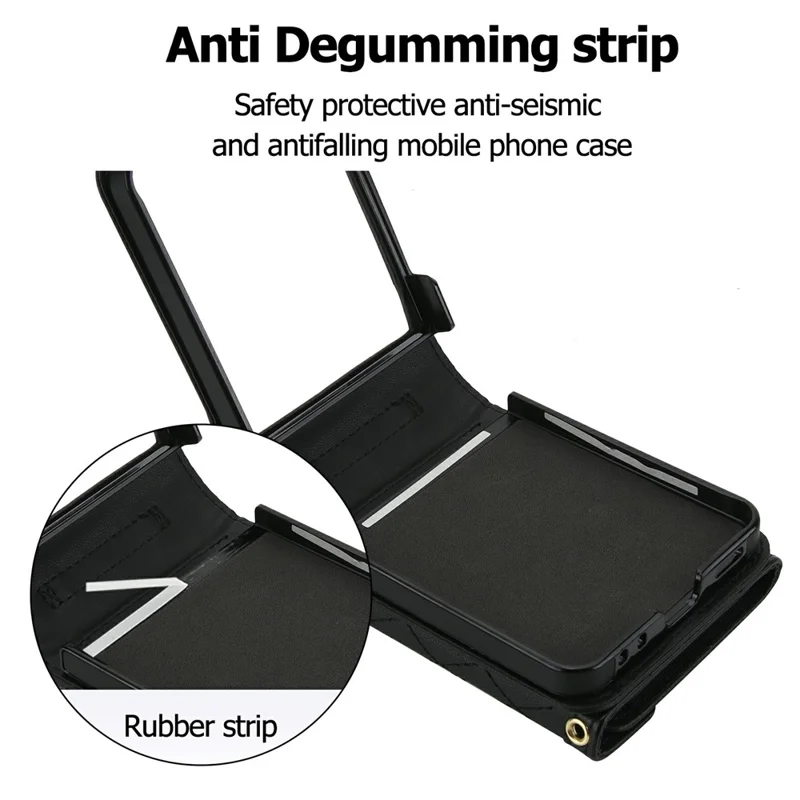 For Samsung Galaxy Z Flip7 5G Case Card Holders RFID Blocking PU Leather Phone Back Cover with Shoulder Strap - Black