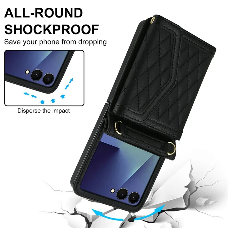 For Samsung Galaxy Z Flip7 5G Case Card Holders RFID Blocking PU Leather Phone Back Cover with Shoulder Strap - Black