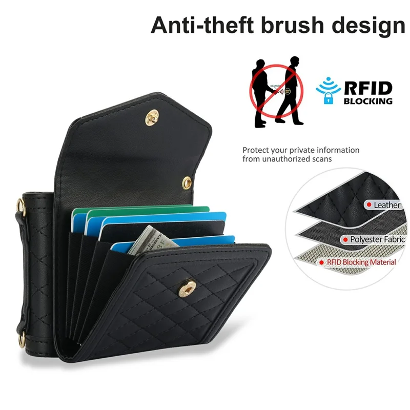 For Samsung Galaxy Z Flip7 5G Case Card Holders RFID Blocking PU Leather Phone Back Cover with Shoulder Strap - Black