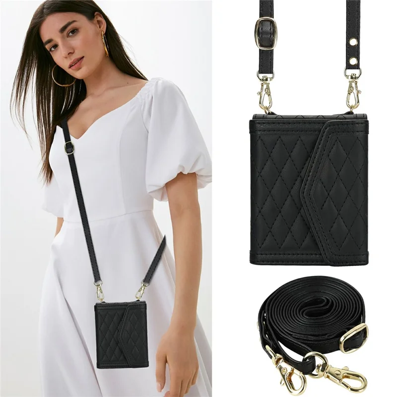 For Samsung Galaxy Z Flip7 5G Case Card Holders RFID Blocking PU Leather Phone Back Cover with Shoulder Strap - Black
