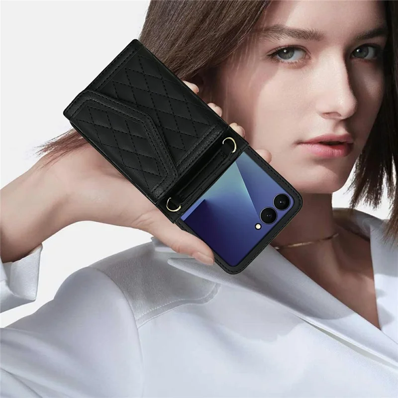 For Samsung Galaxy Z Flip7 5G Case Card Holders RFID Blocking PU Leather Phone Back Cover with Shoulder Strap - Black