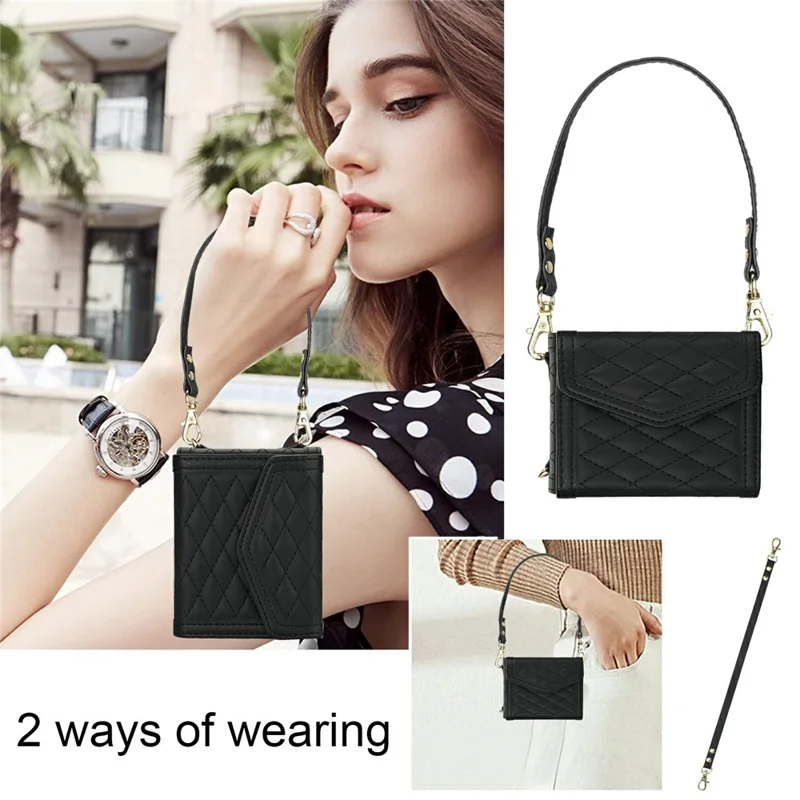 For Samsung Galaxy Z Flip7 5G Case Card Holders RFID Blocking PU Leather Phone Back Cover with Shoulder Strap - Black