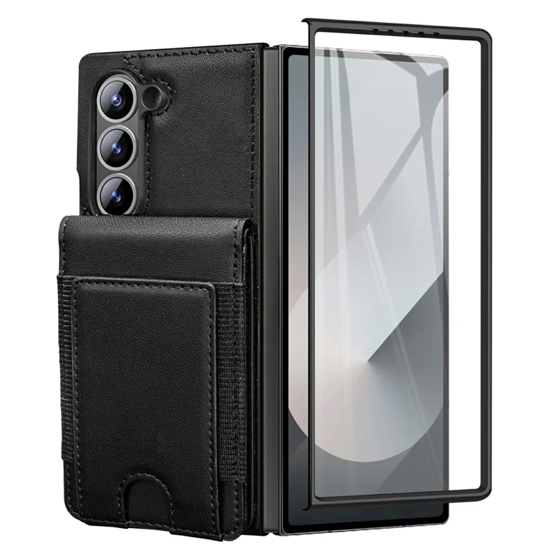 For Samsung Galaxy Z Fold5 5G Case Card Bag Kickstand Leather + PC Phone Cover with HD Screen Protector - Black