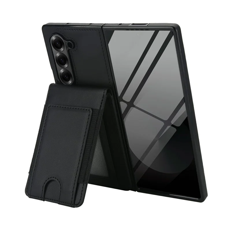 For Samsung Galaxy Z Fold5 5G Case Card Bag Kickstand Leather + PC Phone Cover with HD Screen Protector - Black
