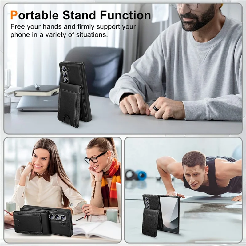 For Samsung Galaxy Z Fold5 5G Case Card Bag Kickstand Leather + PC Phone Cover with HD Screen Protector - Black