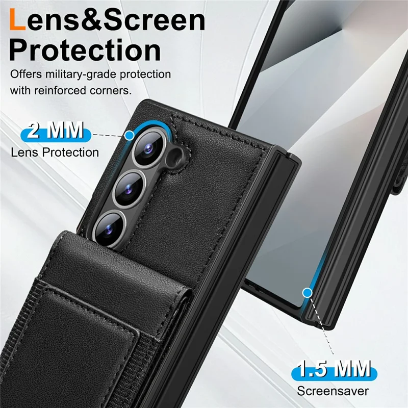 For Samsung Galaxy Z Fold5 5G Case Card Bag Kickstand Leather + PC Phone Cover with HD Screen Protector - Black