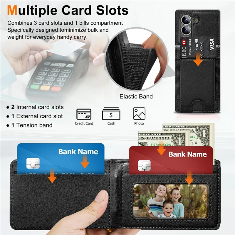 For Samsung Galaxy Z Fold5 5G Case Card Bag Kickstand Leather + PC Phone Cover with HD Screen Protector - Black