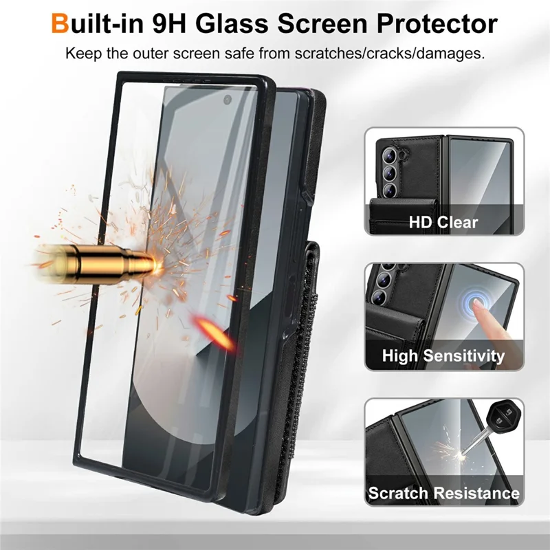 For Samsung Galaxy Z Fold5 5G Case Card Bag Kickstand Leather + PC Phone Cover with HD Screen Protector - Black