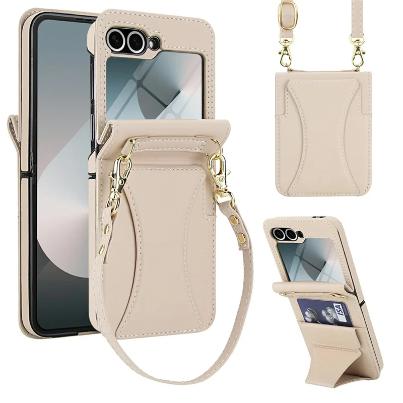 For Samsung Galaxy Z Flip6 5G Case Kickstand Leather + PC Folding Phone Cover with HD Screen Protector / Straps - Apricot