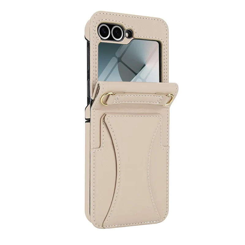 For Samsung Galaxy Z Flip6 5G Case Kickstand Leather + PC Folding Phone Cover with HD Screen Protector / Straps - Apricot