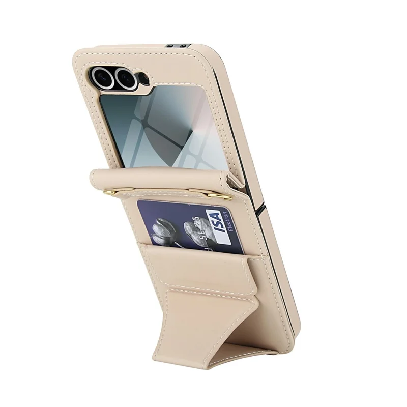 For Samsung Galaxy Z Flip6 5G Case Kickstand Leather + PC Folding Phone Cover with HD Screen Protector / Straps - Apricot