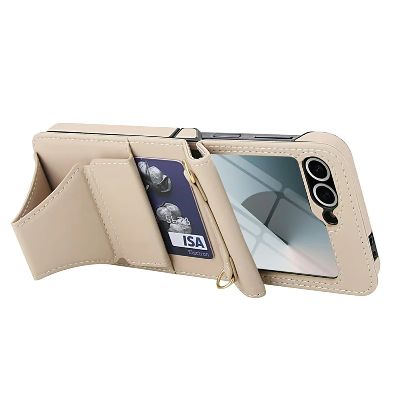 For Samsung Galaxy Z Flip6 5G Case Kickstand Leather + PC Folding Phone Cover with HD Screen Protector / Straps - Apricot