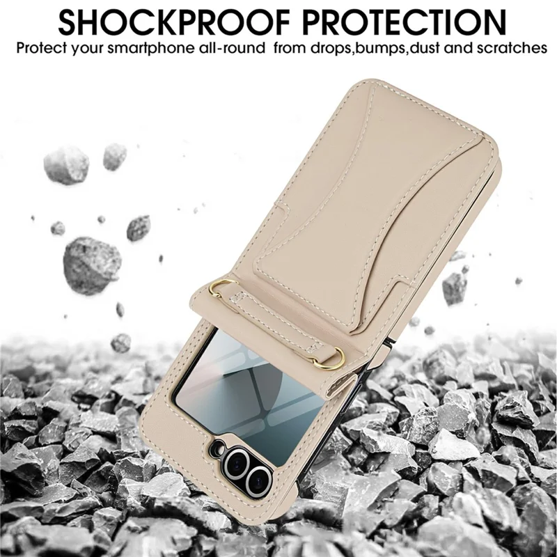 For Samsung Galaxy Z Flip6 5G Case Kickstand Leather + PC Folding Phone Cover with HD Screen Protector / Straps - Apricot