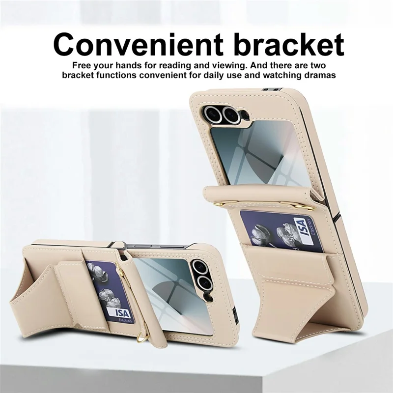 For Samsung Galaxy Z Flip6 5G Case Kickstand Leather + PC Folding Phone Cover with HD Screen Protector / Straps - Apricot