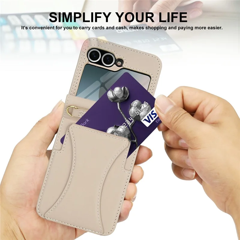 For Samsung Galaxy Z Flip6 5G Case Kickstand Leather + PC Folding Phone Cover with HD Screen Protector / Straps - Apricot