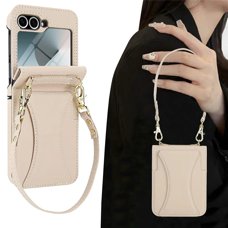 For Samsung Galaxy Z Flip6 5G Case Kickstand Leather + PC Folding Phone Cover with HD Screen Protector / Straps - Apricot