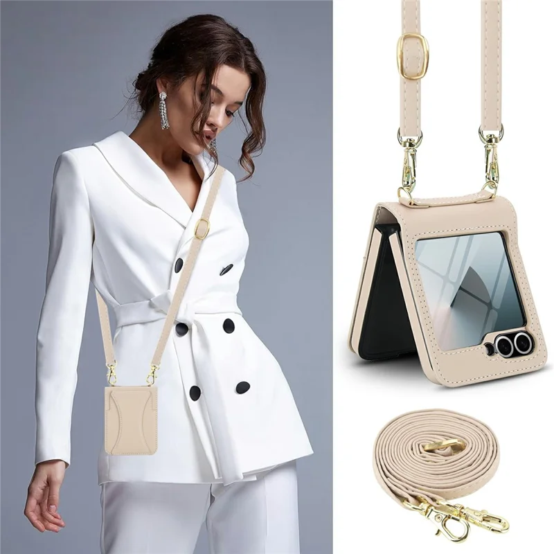 For Samsung Galaxy Z Flip6 5G Case Kickstand Leather + PC Folding Phone Cover with HD Screen Protector / Straps - Apricot