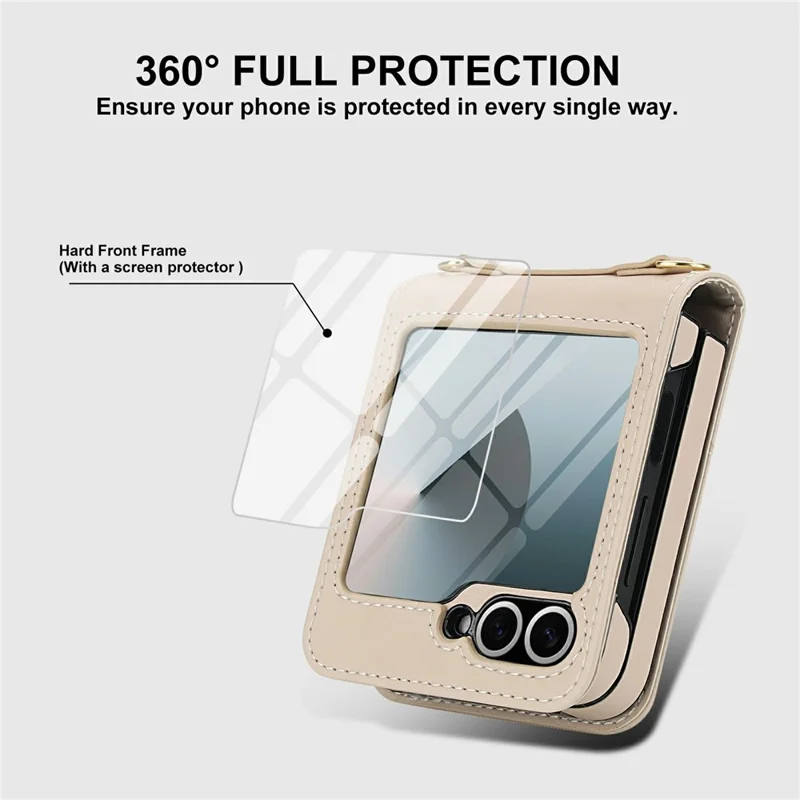 For Samsung Galaxy Z Flip6 5G Case Kickstand Leather + PC Folding Phone Cover with HD Screen Protector / Straps - Apricot
