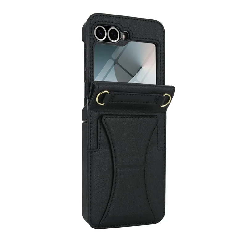For Samsung Galaxy Z Flip5 5G Case Kickstand Leather + PC Folding Phone Cover with HD Screen Protector / Straps - Black