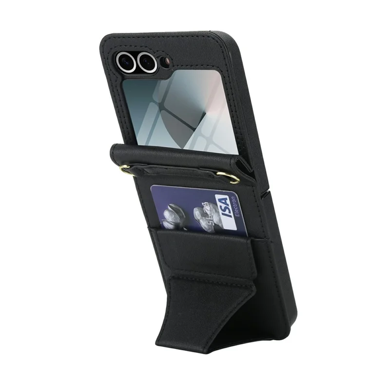 For Samsung Galaxy Z Flip5 5G Case Kickstand Leather + PC Folding Phone Cover with HD Screen Protector / Straps - Black