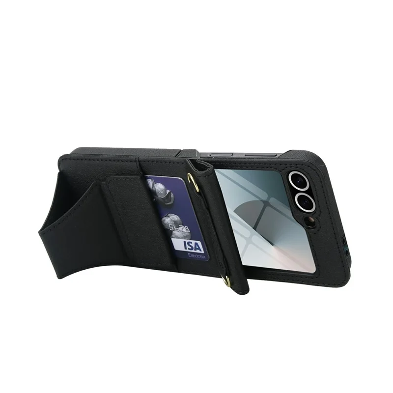 For Samsung Galaxy Z Flip5 5G Case Kickstand Leather + PC Folding Phone Cover with HD Screen Protector / Straps - Black