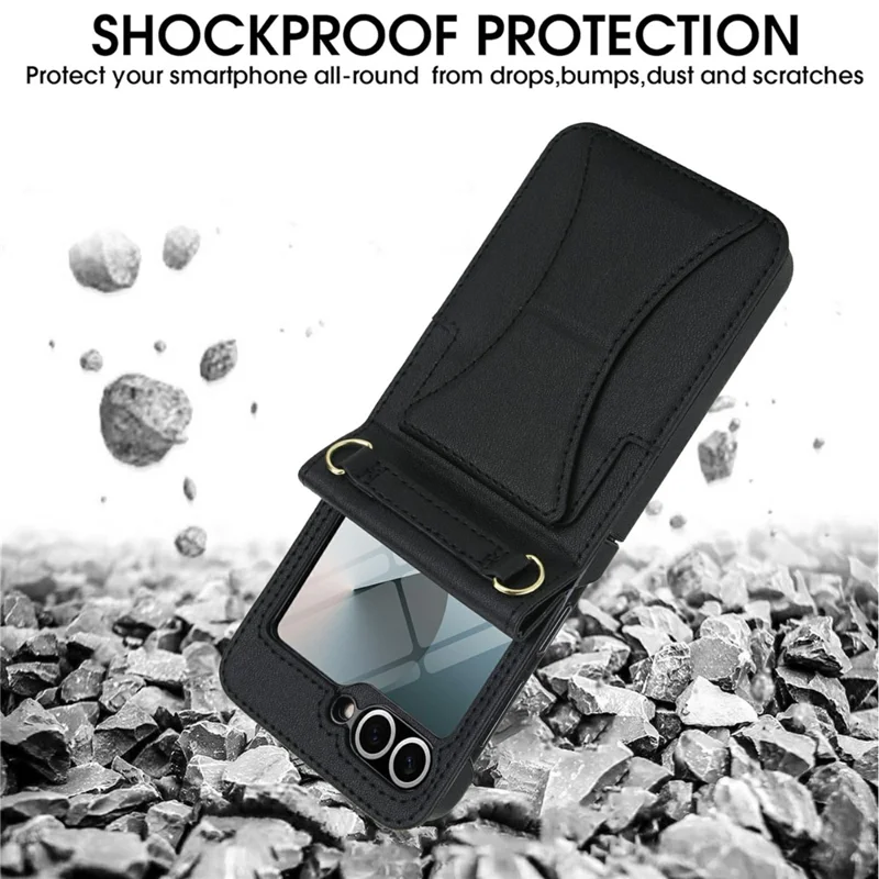 For Samsung Galaxy Z Flip5 5G Case Kickstand Leather + PC Folding Phone Cover with HD Screen Protector / Straps - Black