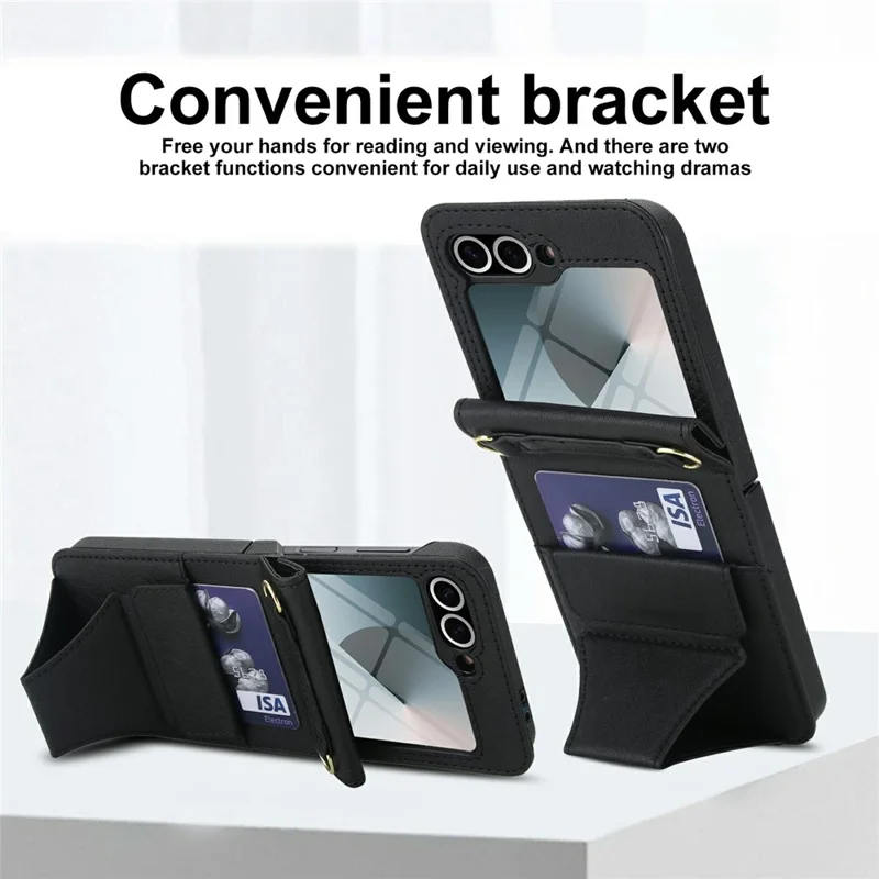 For Samsung Galaxy Z Flip5 5G Case Kickstand Leather + PC Folding Phone Cover with HD Screen Protector / Straps - Black