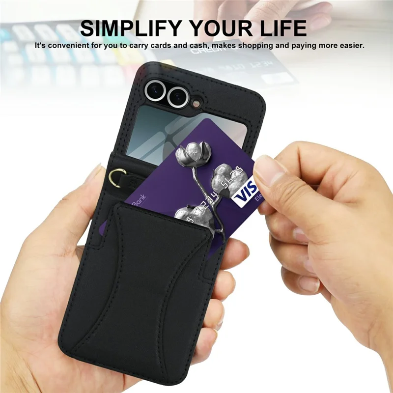 For Samsung Galaxy Z Flip5 5G Case Kickstand Leather + PC Folding Phone Cover with HD Screen Protector / Straps - Black