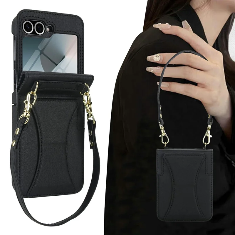 For Samsung Galaxy Z Flip5 5G Case Kickstand Leather + PC Folding Phone Cover with HD Screen Protector / Straps - Black