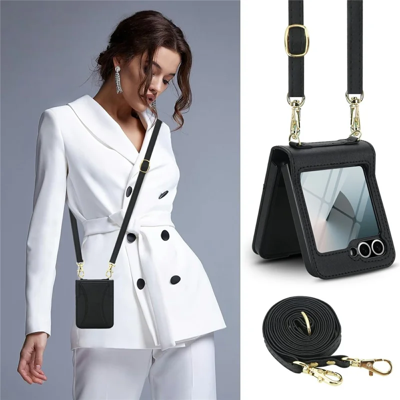 For Samsung Galaxy Z Flip5 5G Case Kickstand Leather + PC Folding Phone Cover with HD Screen Protector / Straps - Black