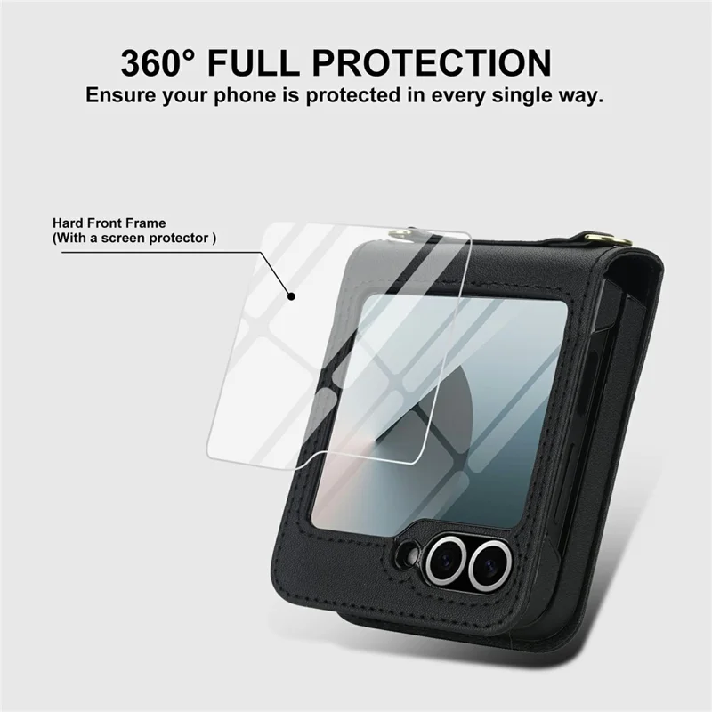 For Samsung Galaxy Z Flip5 5G Case Kickstand Leather + PC Folding Phone Cover with HD Screen Protector / Straps - Black