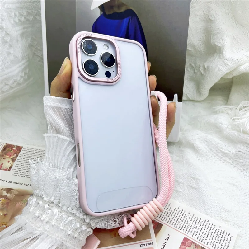 Für iPhone 16 Pro Max Hülle Hautfreundliches TPU + PC Transparente Handyrückseite mit Handgelenkband - Rosa