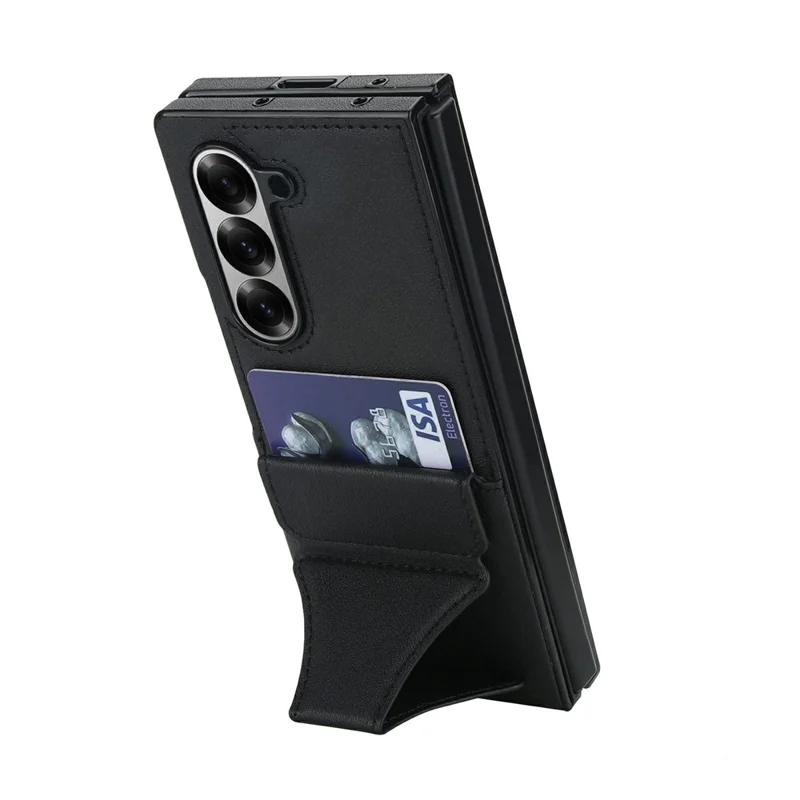For Samsung Galaxy Z Fold6 5G Case Kickstand Leather + PC Folding Phone Cover with HD Screen Protector - Black