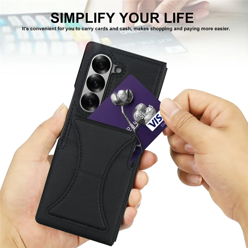 For Samsung Galaxy Z Fold6 5G Case Kickstand Leather + PC Folding Phone Cover with HD Screen Protector - Black