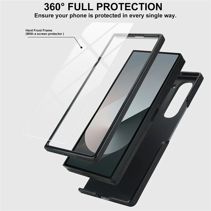 For Samsung Galaxy Z Fold6 5G Case Kickstand Leather + PC Folding Phone Cover with HD Screen Protector - Black