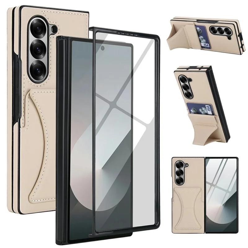 For Samsung Galaxy Z Fold5 5G Case Kickstand Leather + PC Folding Phone Cover with HD Screen Protector - Apricot