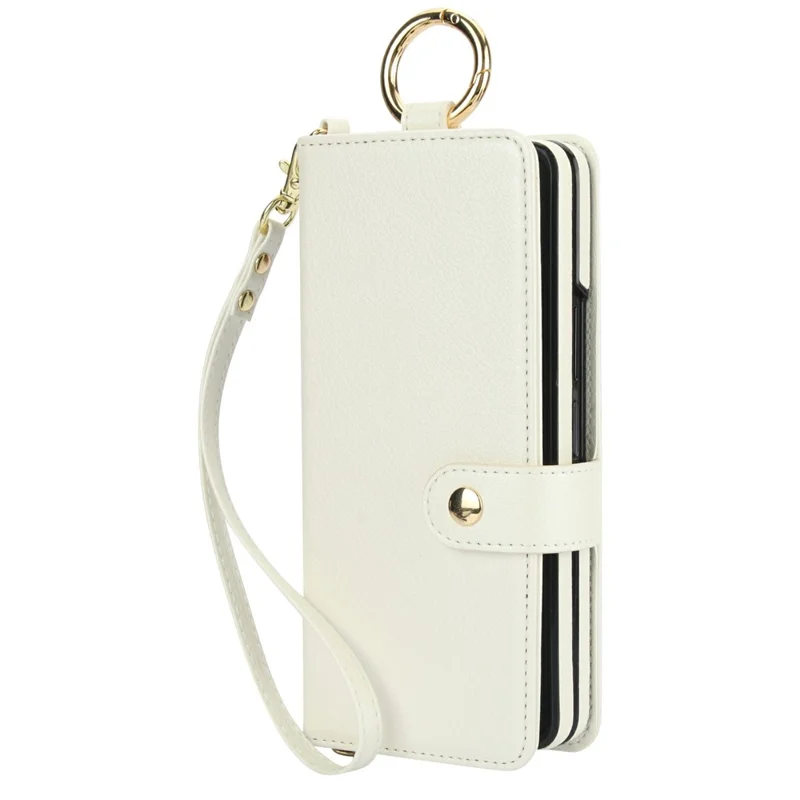 For Samsung Galaxy Z Fold6 5G Case Wrist Band Kickstand PU Leather Wallet Phone Cover with Shoulder Strap - Beige