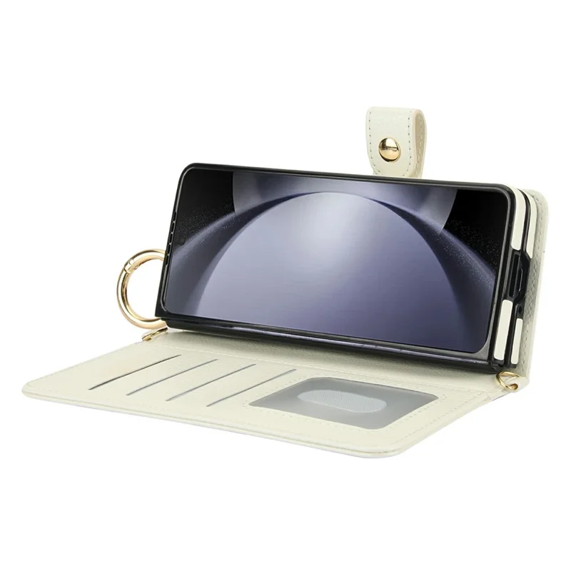 For Samsung Galaxy Z Fold6 5G Case Wrist Band Kickstand PU Leather Wallet Phone Cover with Shoulder Strap - Beige