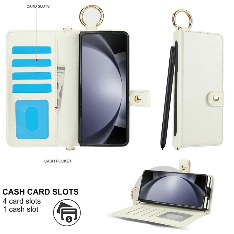 For Samsung Galaxy Z Fold6 5G Case Wrist Band Kickstand PU Leather Wallet Phone Cover with Shoulder Strap - Beige