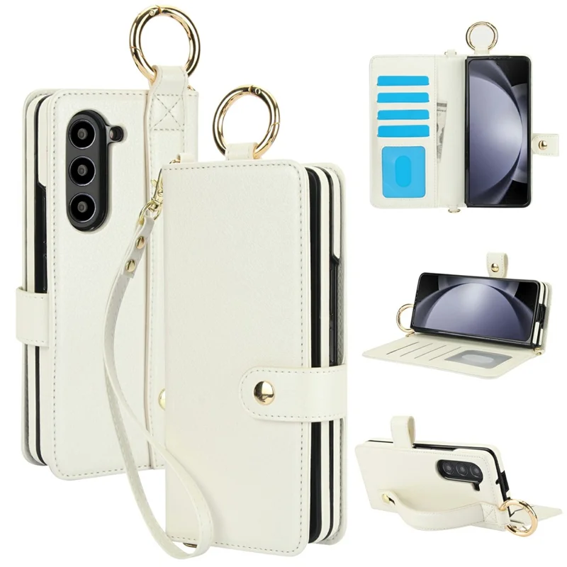 For Samsung Galaxy Z Fold5 5G Case Wrist Band Kickstand PU Leather Wallet Phone Cover with Shoulder Strap - Beige