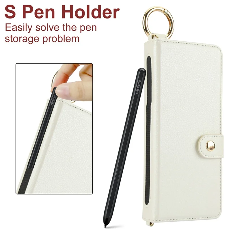 For Samsung Galaxy Z Fold5 5G Case Wrist Band Kickstand PU Leather Wallet Phone Cover with Shoulder Strap - Beige