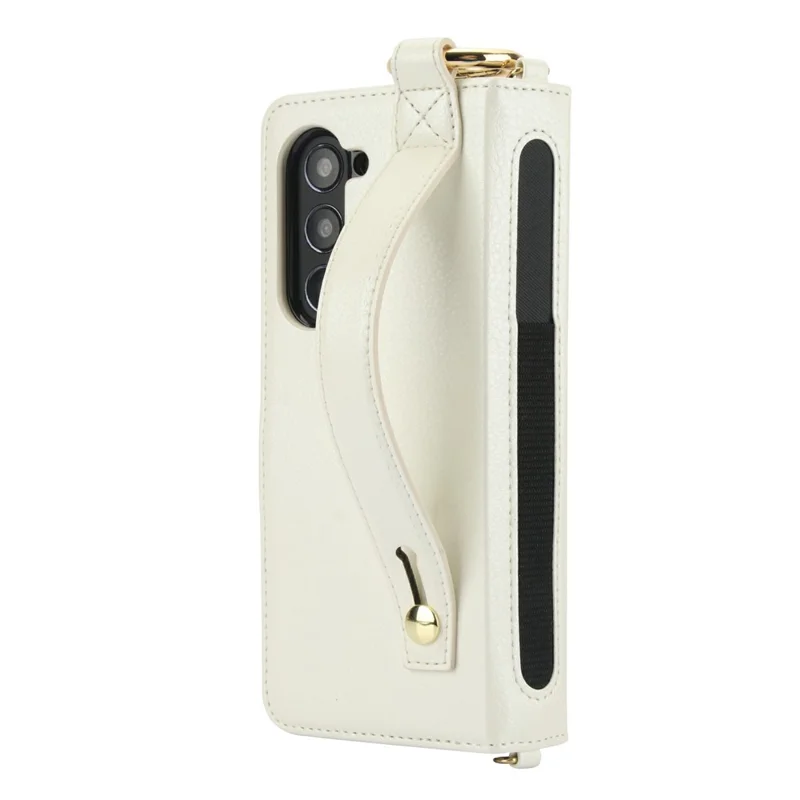 For Samsung Galaxy Z Fold5 5G Case Wrist Band Kickstand PU Leather Wallet Phone Cover with Shoulder Strap - Beige