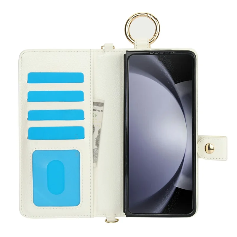 For Samsung Galaxy Z Fold5 5G Case Wrist Band Kickstand PU Leather Wallet Phone Cover with Shoulder Strap - Beige