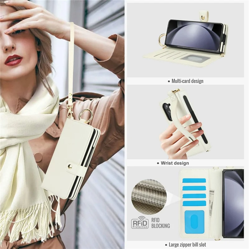 For Samsung Galaxy Z Fold5 5G Case Wrist Band Kickstand PU Leather Wallet Phone Cover with Shoulder Strap - Beige