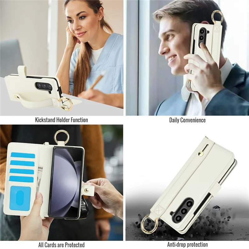 For Samsung Galaxy Z Fold5 5G Case Wrist Band Kickstand PU Leather Wallet Phone Cover with Shoulder Strap - Beige