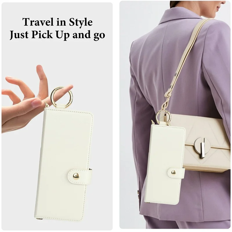 For Samsung Galaxy Z Fold5 5G Case Wrist Band Kickstand PU Leather Wallet Phone Cover with Shoulder Strap - Beige